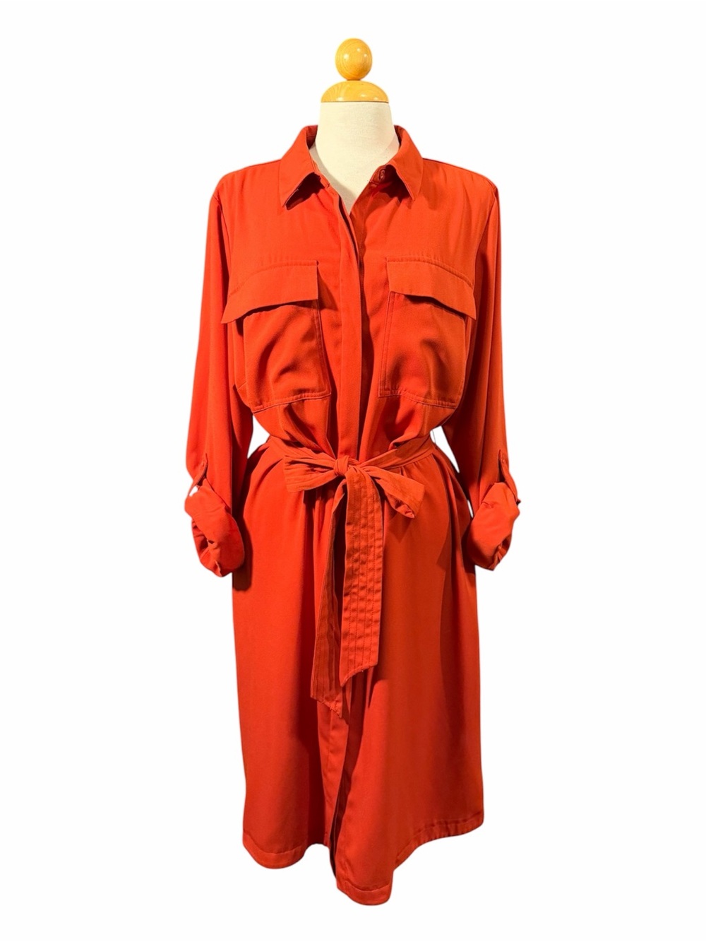 Nine West Long-Sleeve Tie-Waist Shirt Dress in Bright Orange